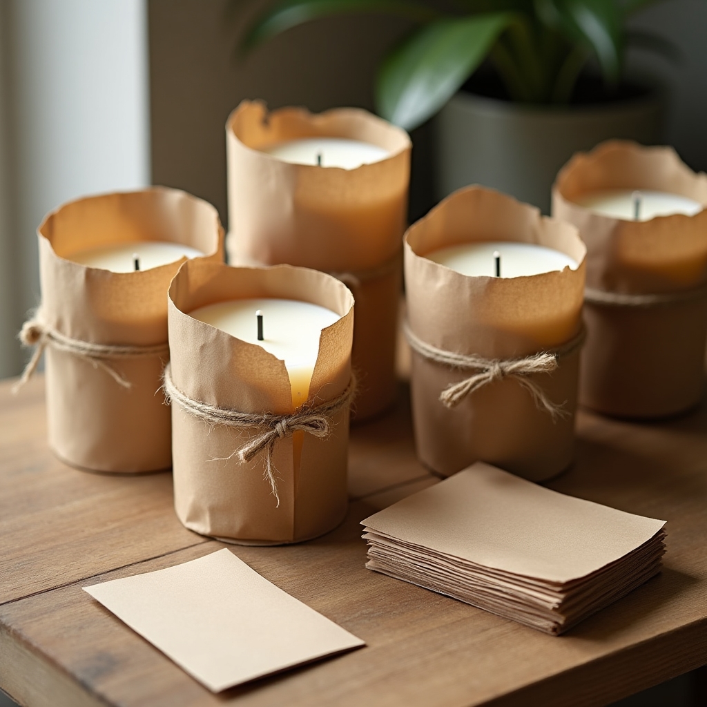 Verpackte Sojakerzen in mundgeblasenem Glas als Firmengeschenk, angeordnet auf einem Tisch