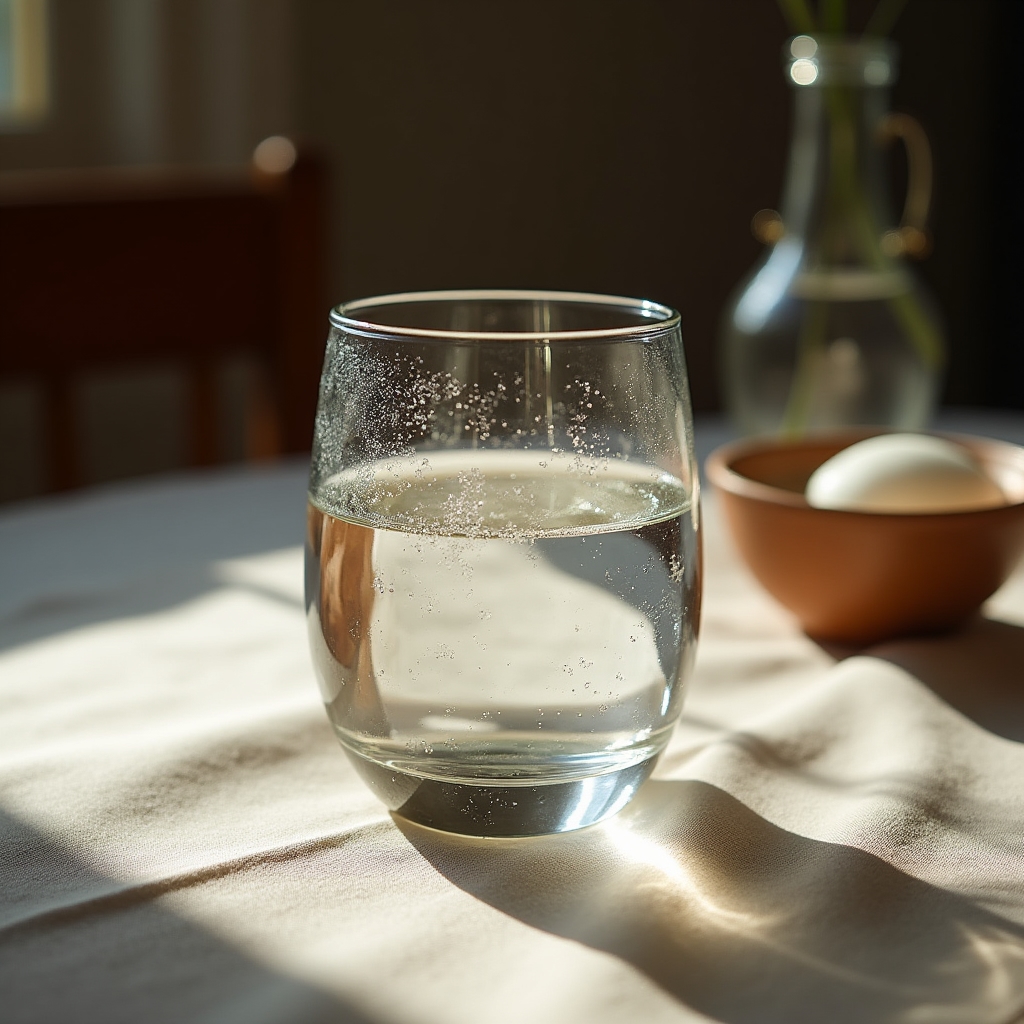 Ehemaliges Kerzenglas als Trinkglas neben einer Karaffe auf einem Tisch