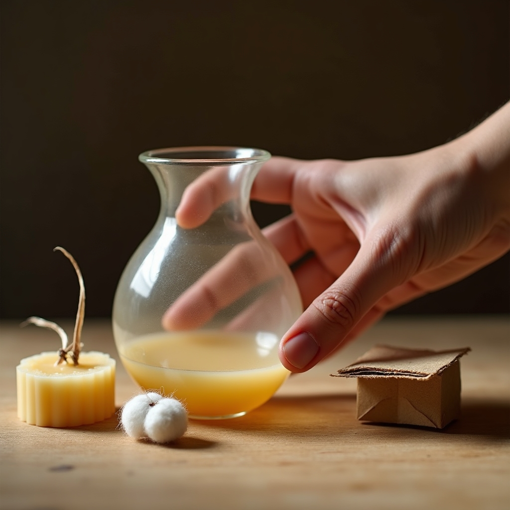 Nahaufnahme eines mundgeblasenen Glases mit Naturmaterialien im Hintergrund