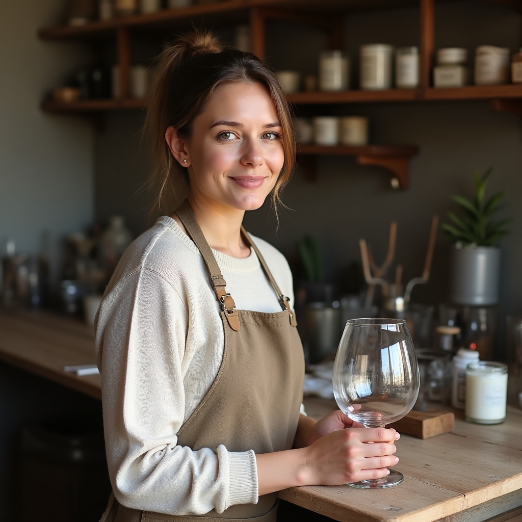 Hannah Vogt in der Kerzenwerkstatt in Leipzig, mit Glas und Wachs an der Werkbank